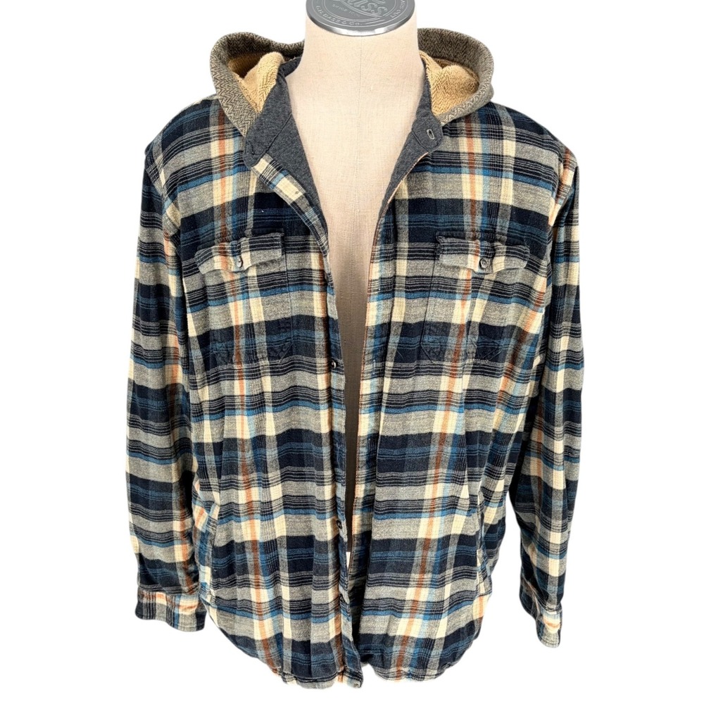 Carbon2Cobalt Hooded Flannel Shirt Jacket XL Blue Gray Plaid Cotton Shacket